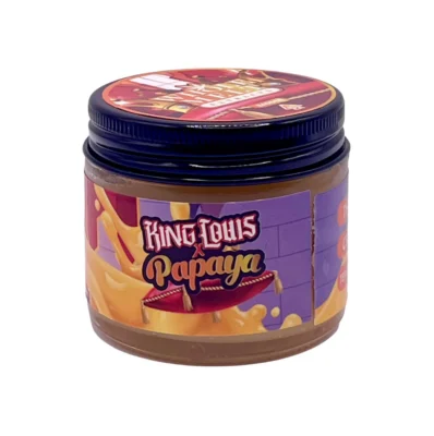 Golden creamy texture of authentic Whole Melt King Louis x Papaya Extracts badder concentrate jar.
